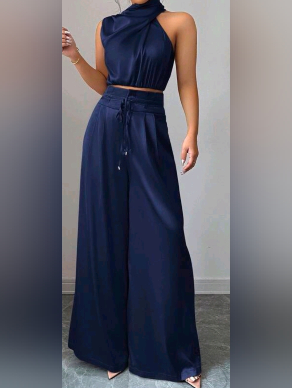 Two Piece Satin Pants And Top Navy Blue